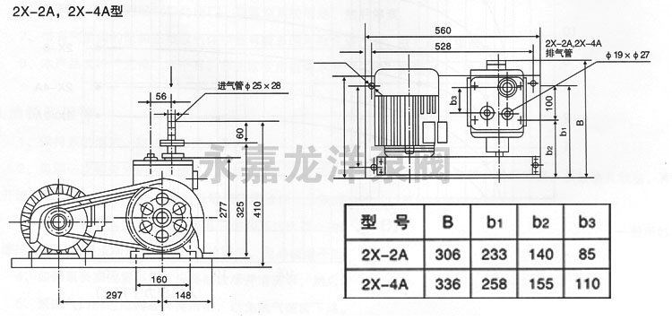 2X-2A,2X-4A型雙級(jí)旋片式真空泵外形安裝尺寸圖